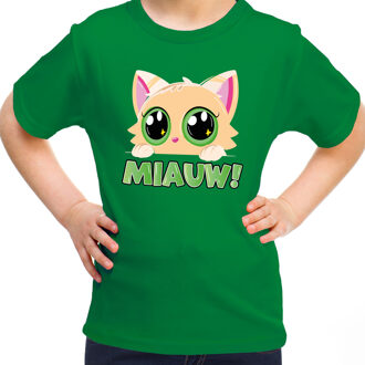 BD Verkleed T-shirt jongen/meisje - Miauw - groen - feestkleding S (122-128)