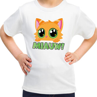 BD Verkleed T-shirt jongen/meisje - Miauw - wit - feestkleding M (134-140)