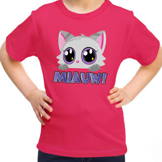 BD Verkleed T-shirt voor jongens/meisjes - Miauw - roze - feestkleding M (134-140)