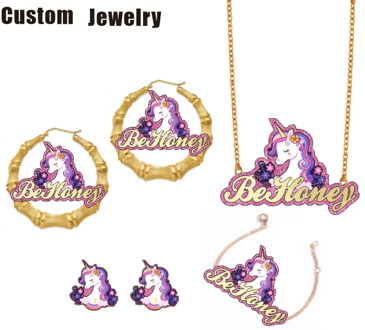 Be Honey Custom name character unicorn necklace kids bamboo earrings cartoon bracelet jewelry sets