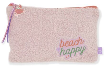Beach happy etui, formaat 24 x 15 cm., kleur roze teddy