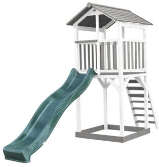 Beach Tower Speeltoestel van hout in Grijs en Wit Speeltoren met zandbak, en groene glijbaan