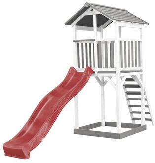 Beach Tower Speeltoestel van hout in Grijs en Wit Speeltoren met zandbak, en rode glijbaan