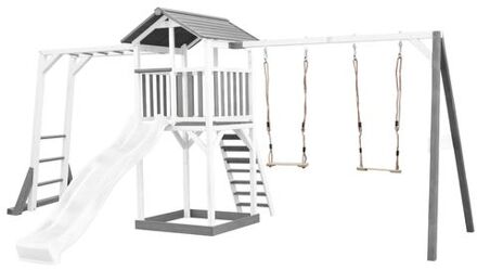 Beach Tower Speeltoestel van hout in Grijs en Wit Speeltoren met zandbak, klimrek, dubbele schommel en witte