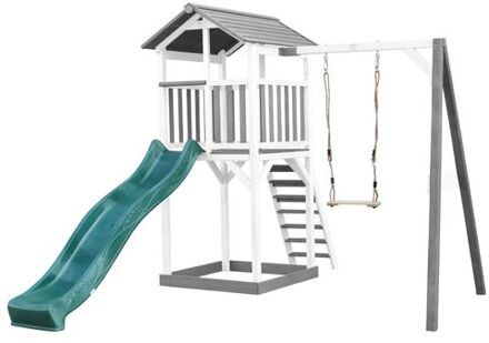 Beach Tower Speeltoestel van hout in Grijs en Wit Speeltoren met zandbak, schommel en groene glijbaan