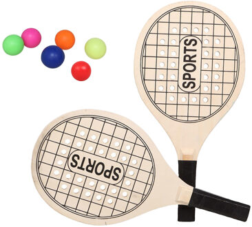 Beachball set - hout - 6x multi kleur balletjes - rubber - strandbal speelset - Beachballsets Multikleur