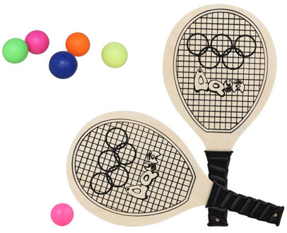 Beachball set - hout - 6x multi kleur balletjes - rubber - strandbal speelset