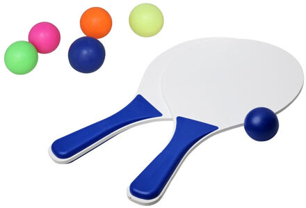Beachball set wit/blauw - hout - 6x multi kleur balletjes - rubber - strandbal speelset