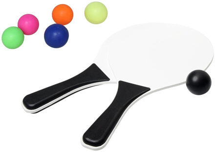Beachball set wit/zwart - hout - 6x multi kleur balletjes - rubber - strandbal speelset