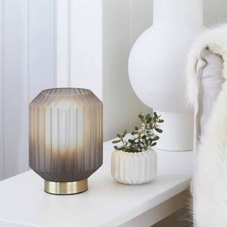 Beacon tafellamp Clancy, rookgrijze glazen kap, hoogte 17 cm rookgrijs, messing