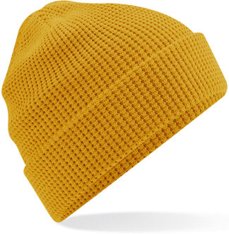 Beanie Wintermuts - wafelstructuur - mosterd geel - dames One size