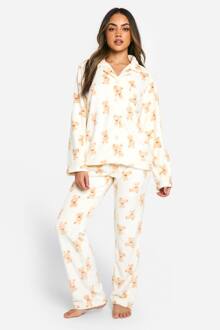 Bear Fleece Button Front Pyjama Set, Cream - 38