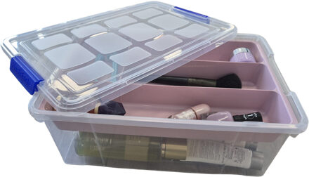 Beautycase opbergbox - 9L - 26 x 37 x 14 cm - met vakverdeling tray - roze - Make-up/sieraden