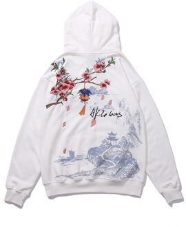 Bebovizi Chinese Stijl Bloemen Borduurwerk Hoodie Sweatshirt Mannen Harajuku Hoodie Streetwear Hoodie Losse Hip Hop Zwart wit / S