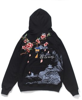 Bebovizi Chinese Stijl Bloemen Borduurwerk Hoodie Sweatshirt Mannen Harajuku Hoodie Streetwear Hoodie Losse Hip Hop Zwart zwart / S