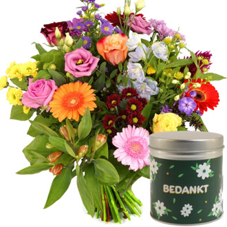 Bedankt bloemen + snoep blikje bedankt
