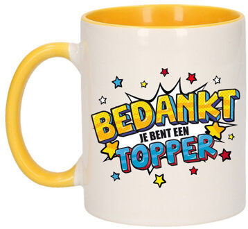 Bedankt topper cadeau mok / beker wit en geel met sterren 300 ml - feest mokken