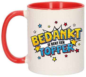 Bedankt topper cadeau mok / beker wit en rood met sterren 300 ml - feest mokken