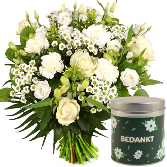 Bedankt wit boeket + snoep blikje bedankt
