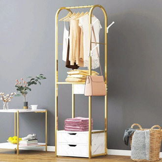 Bedroom furniture standing coat rack 2 drawers clothes storage floor hanger golden frame marble texture MDF drawer wardrobe