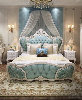 Bedroom leather double bed vintage European marriage bed package tax to the door beautifully carved big bed