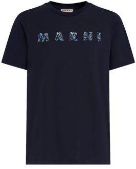 Bedrukt Logo Katoenen T-Shirt Marni , Blue , Heren - Xl,L,M,S