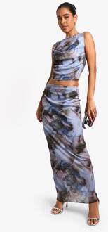Bedrukte Getextureerde Mesh Drape Maxi-Rok, Blue - 40