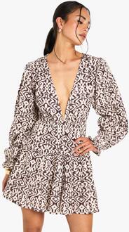 Bedrukte Linnenlook Plunge Mini-Jurk Met Lange Mouwen, Chocolate - 44