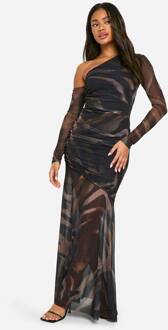 Bedrukte Mesh Asymmetrische Maxi-Jurk Met Lange Mouwen, Brown - 46