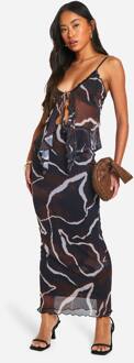 Bedrukte Mesh Maxi Rok, Black - 34