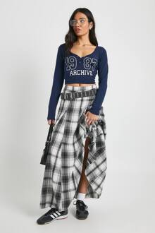 Bedrukte Top Met Knoopsluiting Aan De Voorkant En Lange Mouwen, Navy - 42