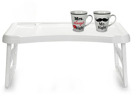 Bedtafel en Koffiebeker set - Mr Right en Mrs Always Right - Valentijn cadeautje voor hem / haar - Dienbladen Wit