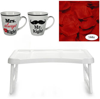 Bedtafel en Koffiebeker set - Mr Right en Mrs Always Right - Valentijn cadeautje voor hem / haar - Dienbladen Wit