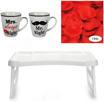 Bedtafel en Koffiebeker set - Mr Right en Mrs Always Right - Valentijn cadeautje voor hem / haar - Dienbladen Wit