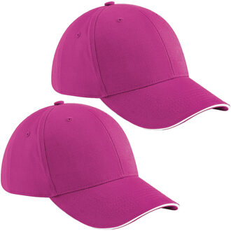 Beechfield 6 panel baseballcap - 2x - fuchsia roze/wit - voor volwassenen - katoen