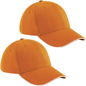 Beechfield 6 panel baseballcap - 2x stuks - oranje/wit - voor volwassenen - katoen