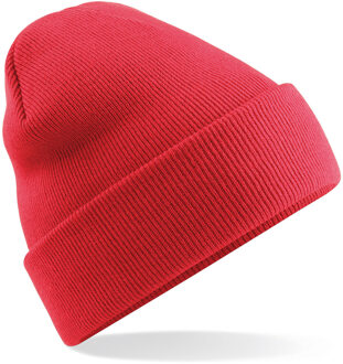Beechfield Beanie Wintermuts - 100% soft Acryl - koraal rood - Super soft - Brede omslag band - dame - One size