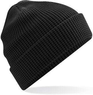 Beechfield Beanie Wintermuts - wafelstructuur - zwart - dames - 100% katoen - damesmuts - One size