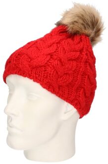 Beechfield Gebreide kabel wintermuts rood met pompon voor dames