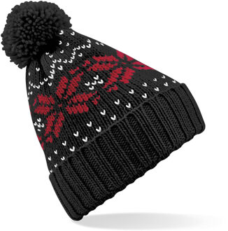 Beechfield Gebreide Nordic wintermuts in het zwart/rood met pompom voor volwassenen - Damesmutsen / herenmutsen - 100% Polyacryl