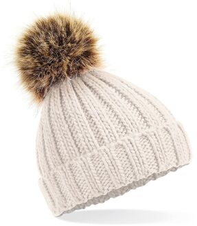 Beechfield gebreide wintermuts met bruine nep bont pompon - beige - dames/heren - One size