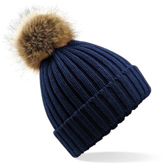 Beechfield gebreide wintermuts met bruine nep bont pompon - navy blauw - dames/heren - One size