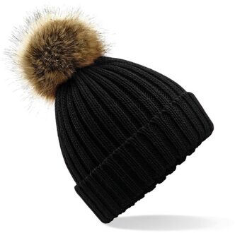 Beechfield gebreide wintermuts met bruine nep bont pompon - zwart - dames/heren - One size