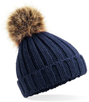 Beechfield Gebreide wintermuts navy grof/chunky met pompon voor meisjes