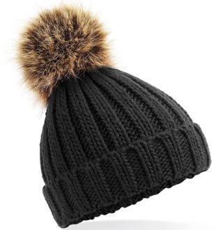 Beechfield Gebreide wintermuts zwart grof/chunky met pompon voor meisjes