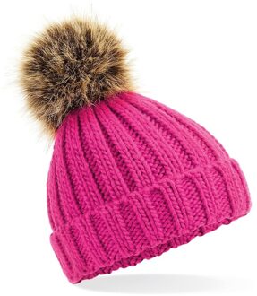 Beechfield Grof gebreide wintermuts roze met bruine pompon voor dames