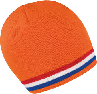 Beechfield Oranje supporters winter muts met rood/wit/blauwe streep - Koningsdag thema - Nederland - Holland