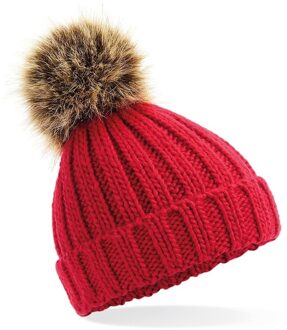 Beechfield Wintermuts - gebreid - rood - met nep bont pompon - volwassenen - muts - One size
