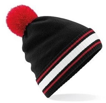 Beechfield Zwart/rood met witte beanie muts met pompon voor dames