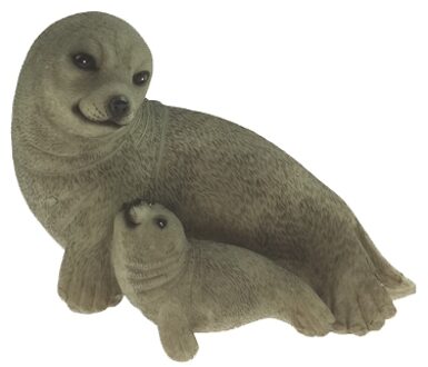 Beeldje zeehond met baby - grijs - polystone - 11 cm - tuindecoratie dier
